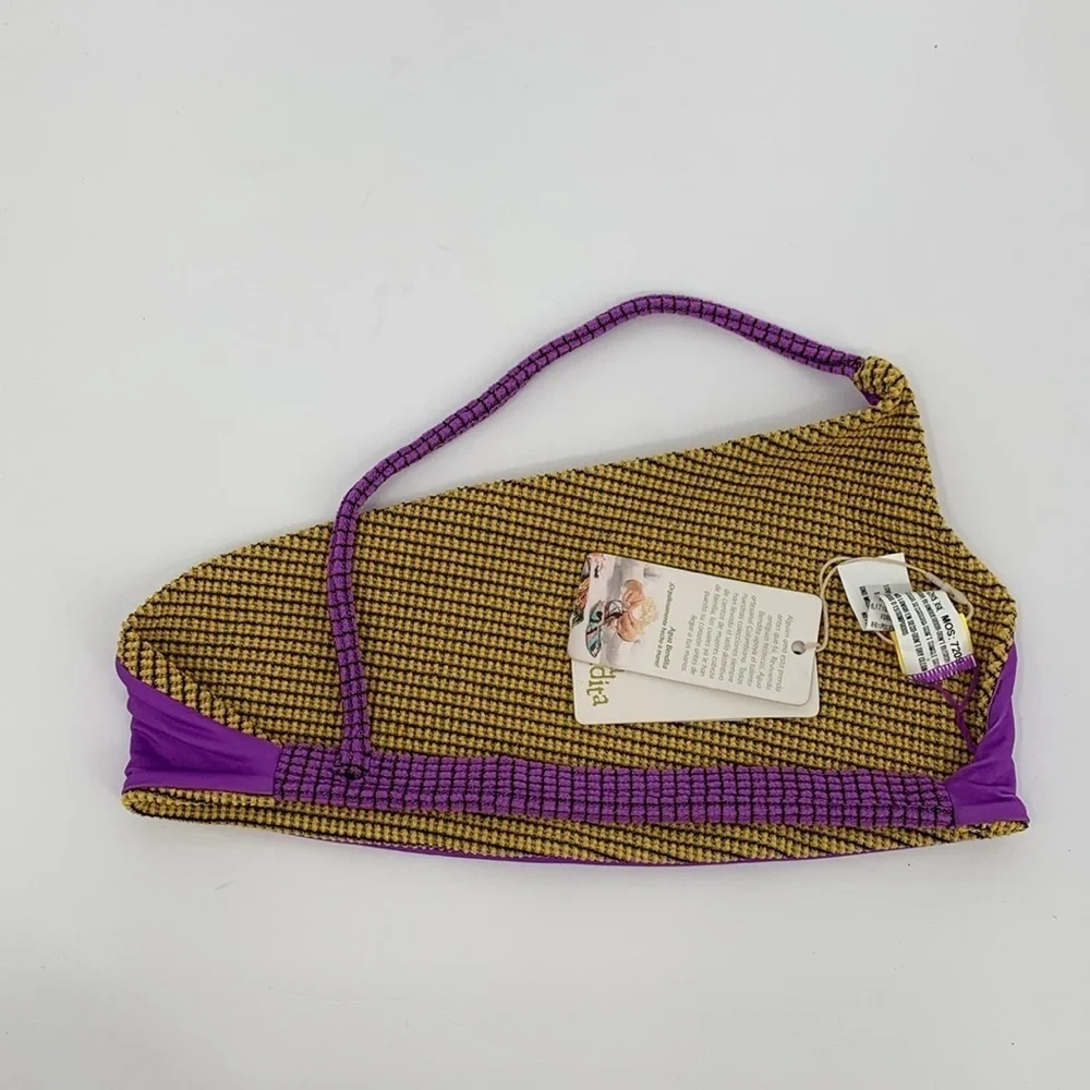 Agua Bendita Pacifico Tulip vini one shoulder bikini top swim gold purple new XS